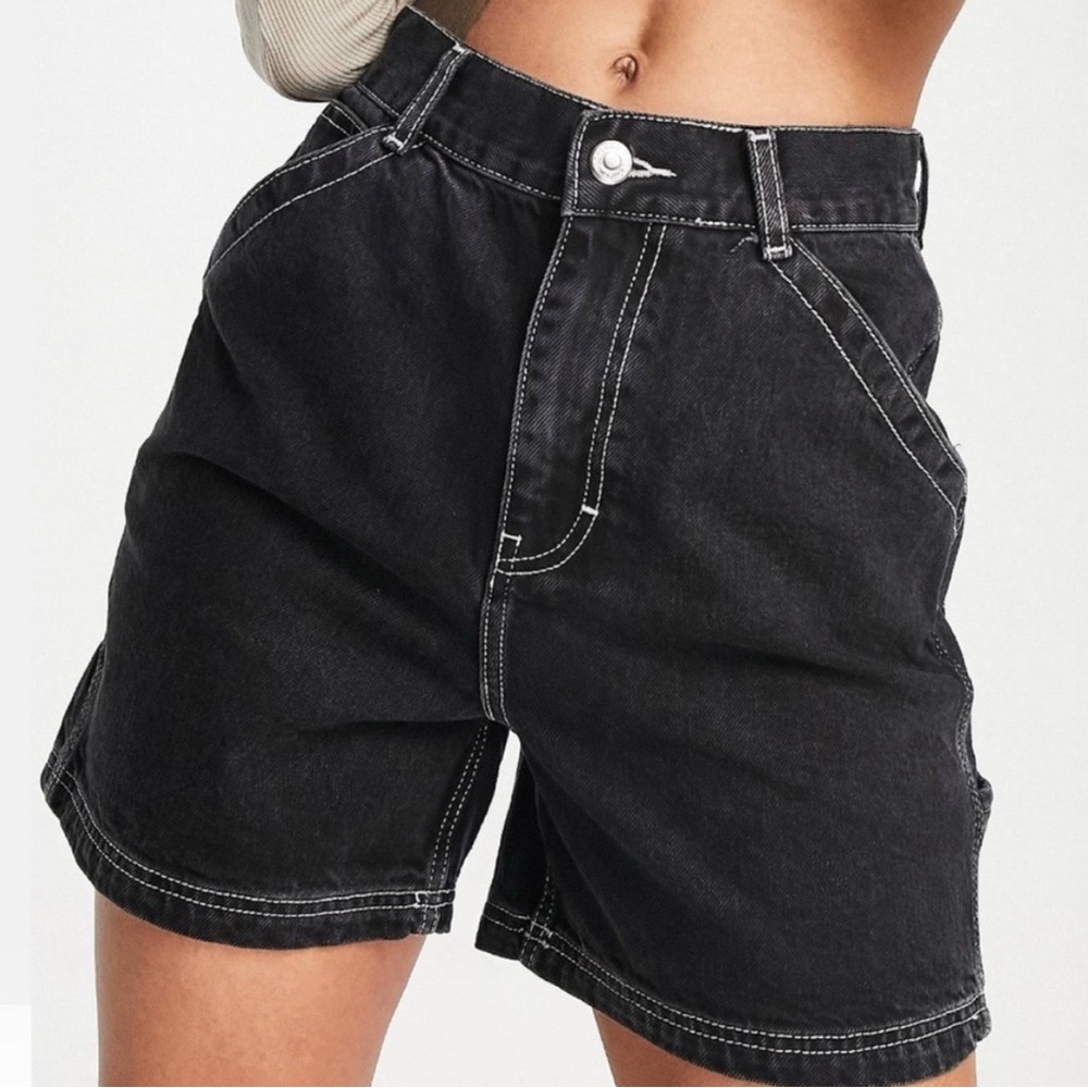 Topshop High Waisted Washed Black Denim Carpenter Shorts Size 4